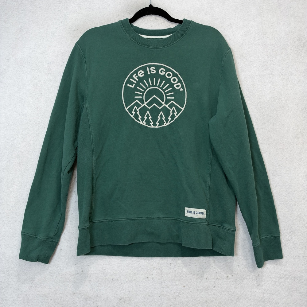 Life Is Good Sweatshirt Mens Medium Green Fleece Graphic Crewneck Pullover Logo